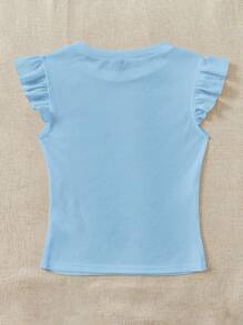 Soleia Ladies' Round Neck Knitted T-Shirt With Ruffle Sleeves - Baby Blue - View 3