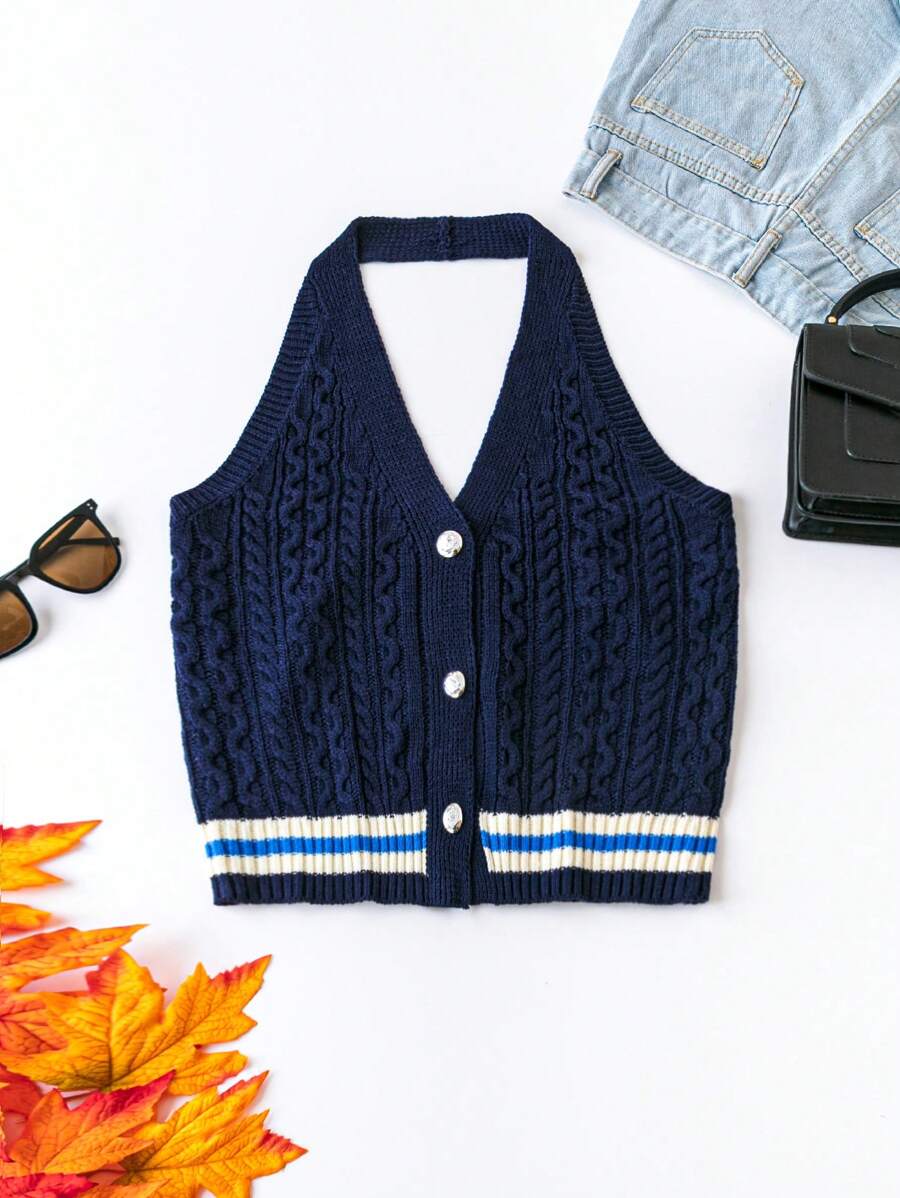 Flirla Plus Size Knitted Top With Button Detail And Halter Neck