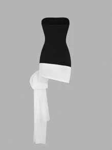 Sweetra Contrast Color Bottom Hem Big Bowknot Design Dress Mini Short Women Outfit - Multicolor - View 2