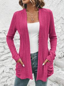 EMERY ROSE Chaqueta De Punto Acanalado De Ajuste Regular Con Doble Bolsillo En Color Sólido Informal Para Mujer