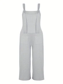 Plus Size Women Casual Solid Color Jumpsuits With Suspender - Light Grey - View 2