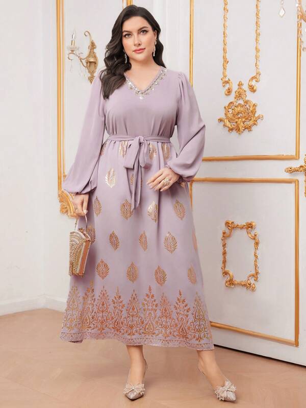 Modelyn Plus Size Arabian Dress With Gold Foil Printed Design, Glitter Details, Embroidered Collar And Patchwork Long Evening Dresses