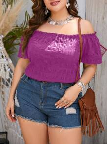 SHEIN Clasi Blusa Con Hombros Descubiertos De Color Liso De Talla Grande - Rojo violeta - Ver 3