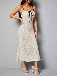 SHEIN PETITE Vestido De Tirantes De Encaje Para Mujer - Beis - Ver 5