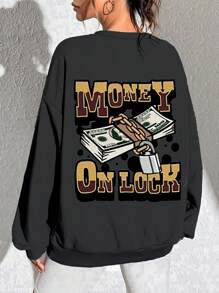 SHEIN EZwear Ladies' Solid Color Round Neck Sweatshirt - Black - View 2