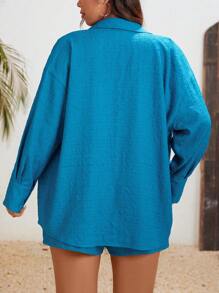Calvaya Plus Size Button Up Long Sleeve Shirt And Shorts Set - Blue - View 2