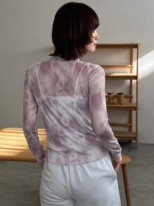 FRIFUL 女式扎染立领上衣，荷叶边透视长袖女式上衣，秋季女装高领衫