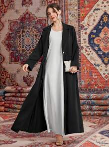 Al Najma Solid Color Lapel Collar Pleats Spliced Long Coat Abaya, Muslim Fashion Abaya For Casual/Festival/Gathering/Travel