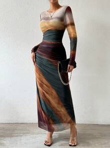 Allurite Tie-Dye Long Sleeve Dress Maxi Women Outfit