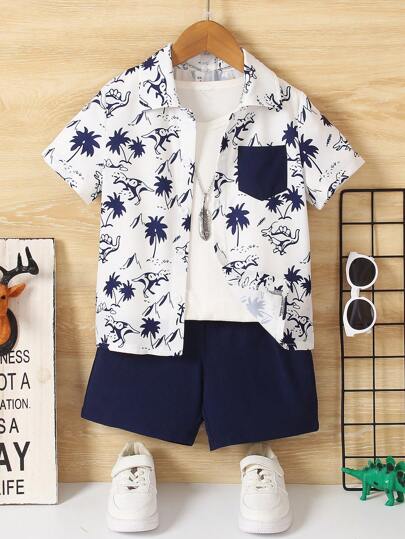 SHEIN 男孩椰樹和恐龍圖案短袖襯衫和短褲套裝，附口袋，夏日休閒大學風格