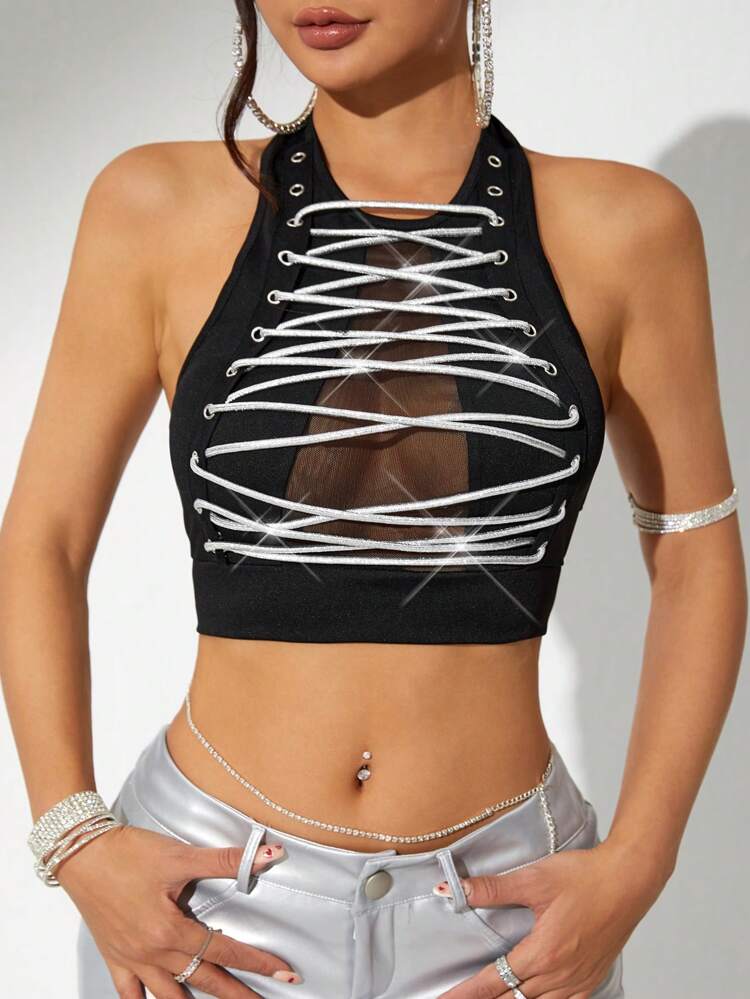 Summer Black Slim Style Sparkling Perspective Hollow Out Sleeveless Top With Strap Decoration For Women