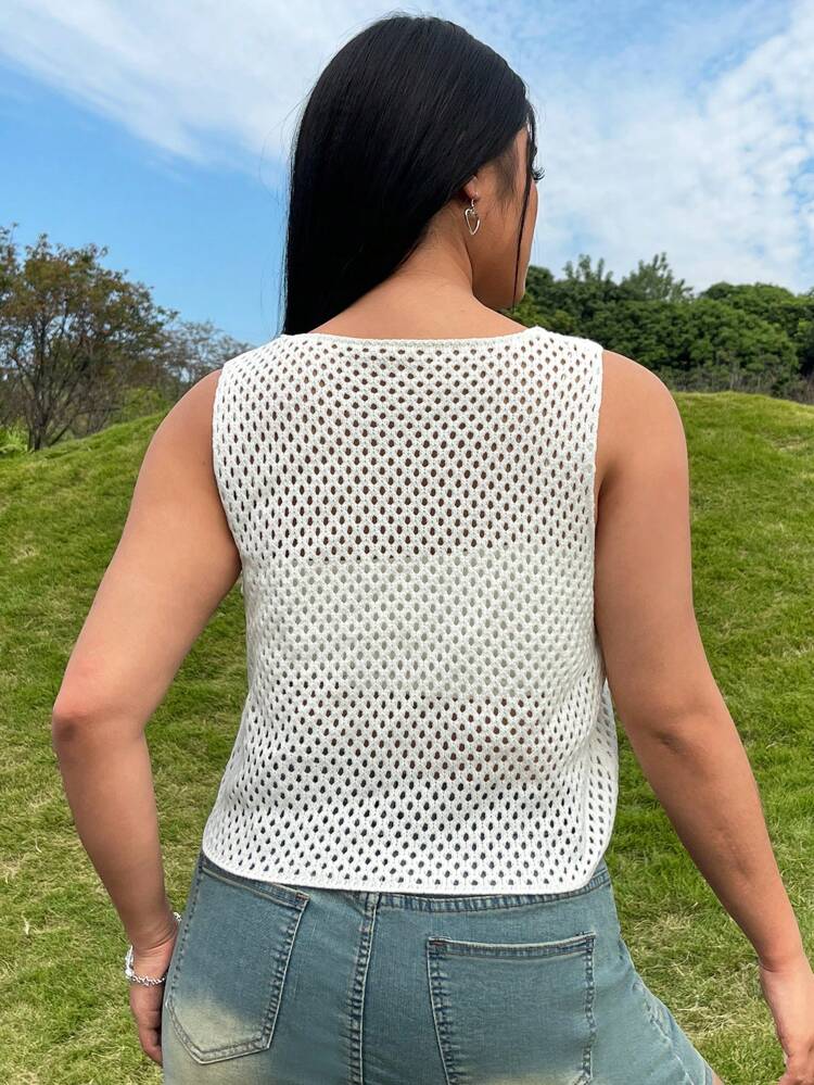 Plus Size White Hollow Out Knitted Top With Drawstring