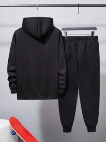 Conjunto De Sudadera Con Capucha Y Pantalones De Chándal Con Estampado De Rosa Para Hombre - Negro - Ver 2