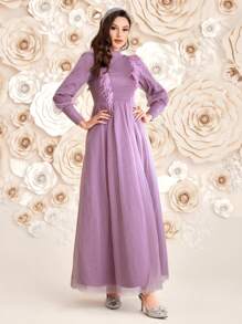 Modelyn 女士长袖阿拉伯连衣裙，优雅晚会礼服长款晚礼服 - 紫色 - 查看 9