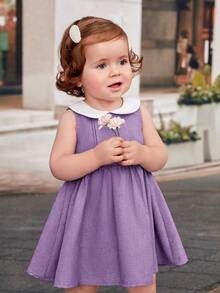 SHEIN 女婴休闲宽松拼色连衣裙，彼得潘领，松紧腰，褶皱 - 淡紫色 - 查看 6