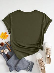 SHEIN Áo thun ngắn tay in hình cử chỉ dành cho nữ, áo thun đồ họa dành cho nữ. - xanh quân đội - Xem 2