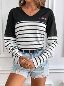 SHEIN Frenchy Women's Striped T-Shirt With V-Neck And Letter Embroidery Winter Casual - Black and White - View 5