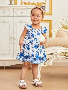 Vestido de manga corta y línea A con estampado floral azul para bebé niña - Azul - Ver 11
