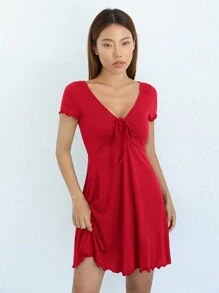 SHEIN EZwear Màu thuần Dây rút Dệt kim Đầm - Đỏ - Xem 5