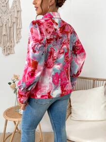 SHEIN Franclia 大尺碼全印花長袖襯衫 - 紅色 - 查看 3