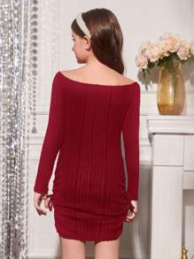 SHEIN Tween Girls休閒純色交叉包裹長袖連衣裙 - 紅色 - 查看 2