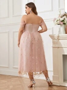 SHEIN Belle Plus Size Nữ Lưới Thêu Hoa Lãng Mạn Ngọt Ngào Công Chúa Puff Dress Tiệc Cocktail Đầm Cô Dâu - Hồng - Xem 3