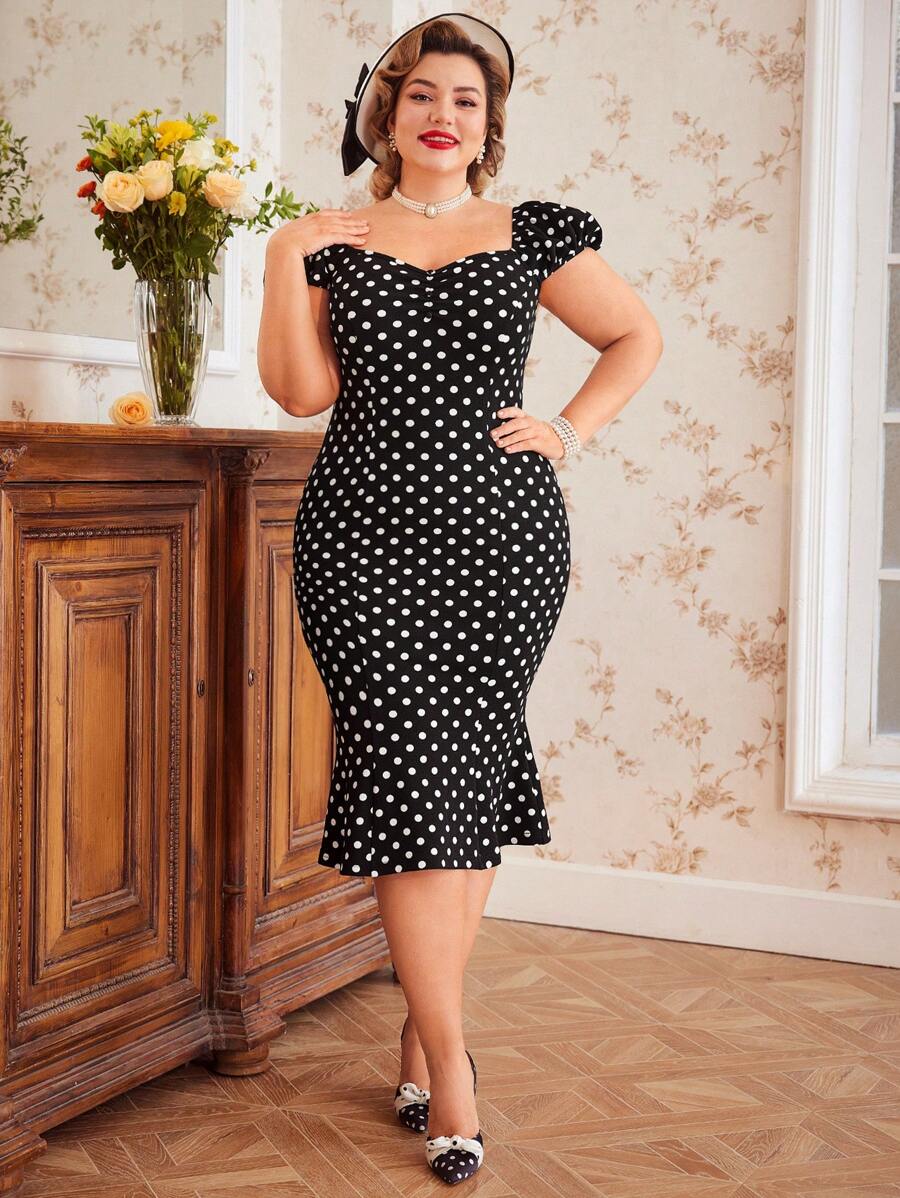 Vintamour Vintage Elegant Plus Size Women's Polka Dot Printed Dress