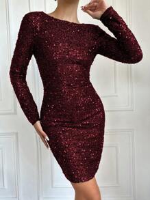 EURMUSE Của phụ nữ Thon gọn Không lưng Kim sa Đầm - Đỏ - Xem 5