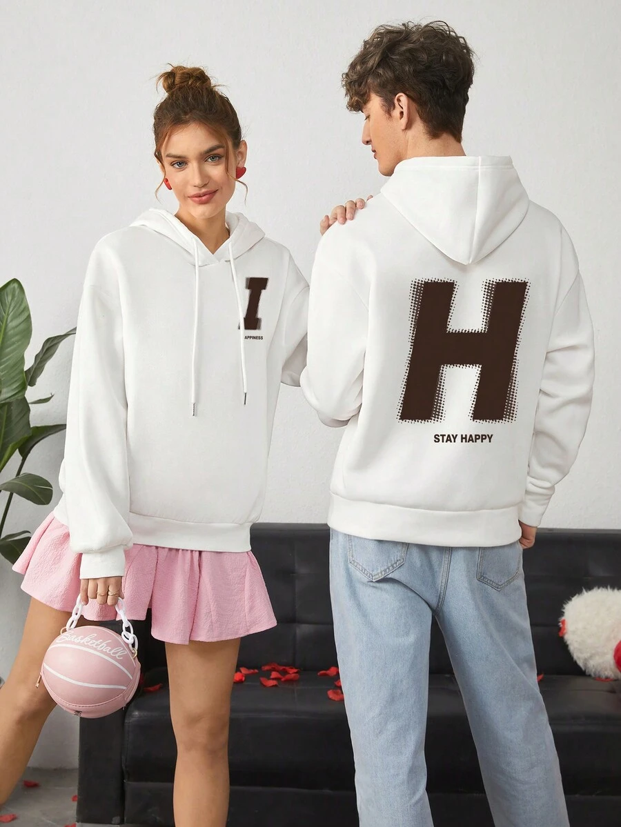 SHEIN Essnce Valentine's Day "HI" Couple Hoodie For Girlfriend, White - White - View 1