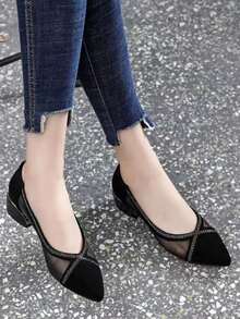 2024 Spring/Summer New Arrival Black Mesh And Rhinestone Hollow Out Pointed Toe Low-Cut High Heel Pumps - Black - View 4