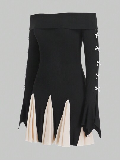 Kawaii Vestido De Hombros Descubiertos Con Mangas Largas Decorado Con Moño Para Mujer