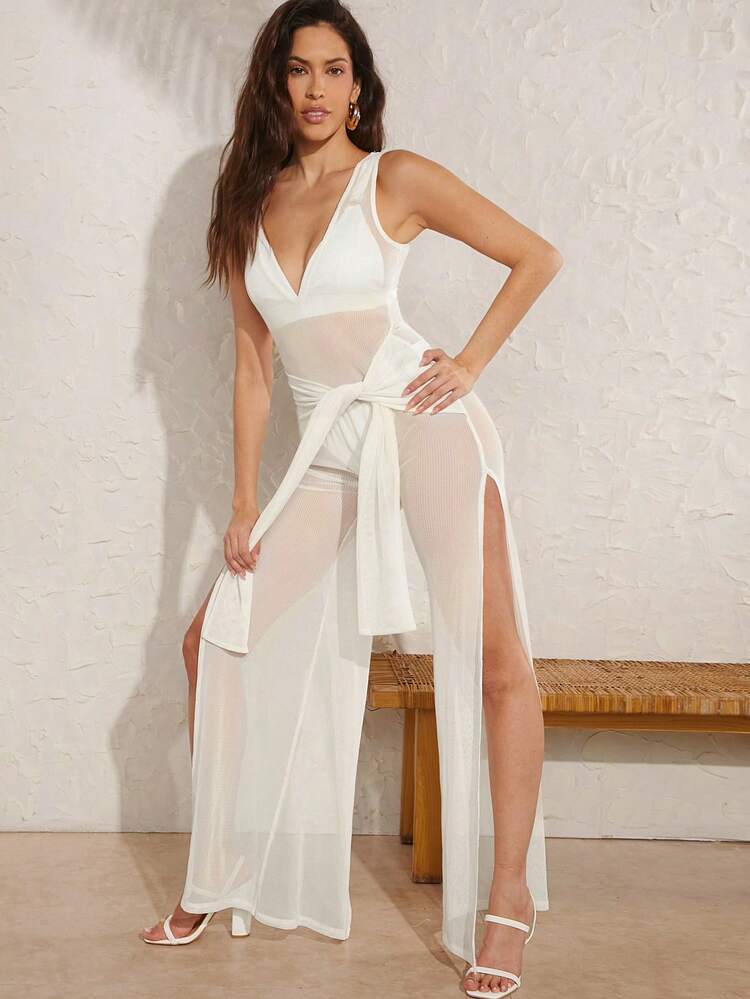 Draped Tie Split Thigh Knit Jumpsuit