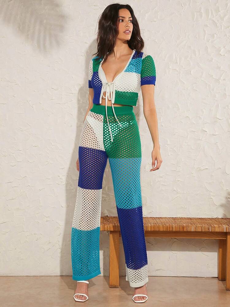Colorblock Knit Tie Top & Pants Set