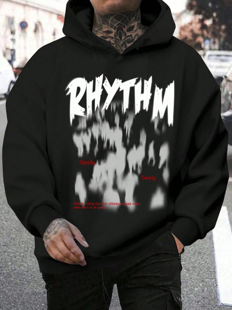 Manfinity LEGND Loose Black Knitted Men's Plus Size Hoodie Sweatshirt With Letter Print - Black - View 1