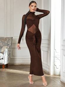 小高領前扭結褶邊緊身洋裝 - 巧克力棕 - 查看 3