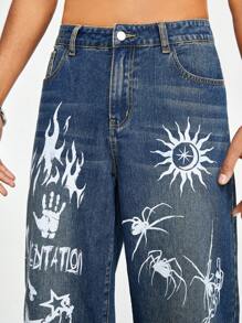 ROMWE MEN Street Life Men'S Sun, Star, Spider & Flame Printed Jeans, Halloween - Blue - View 4