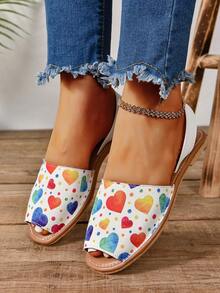 女士露趾平底凉鞋，心形和不对称彩色印花，时尚沙滩鞋 - 彩色 - 查看 4