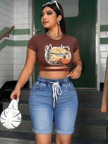 SHEIN ICON Quần short denim mùa hè cỡ lớn có dây rút ở eo và viền tua rua - Màu xanh lam - Xem 6