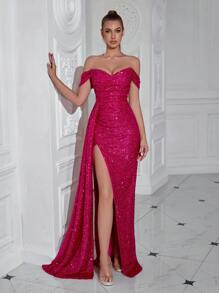 ADYCE Off Shoulder High Slit Ruched Waisted Sparkling Cocktail Party Prom Maxi Long Dress Elegant Formal Evening Wedding Guest Gown, For Graduation, Dinner