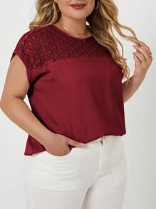 SHEIN Clasi Plus Size Lace Panel Crew Neck Blouse