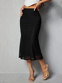 SHEIN PETITE 女式純色魚尾裙 - 黑色 - 查看 3