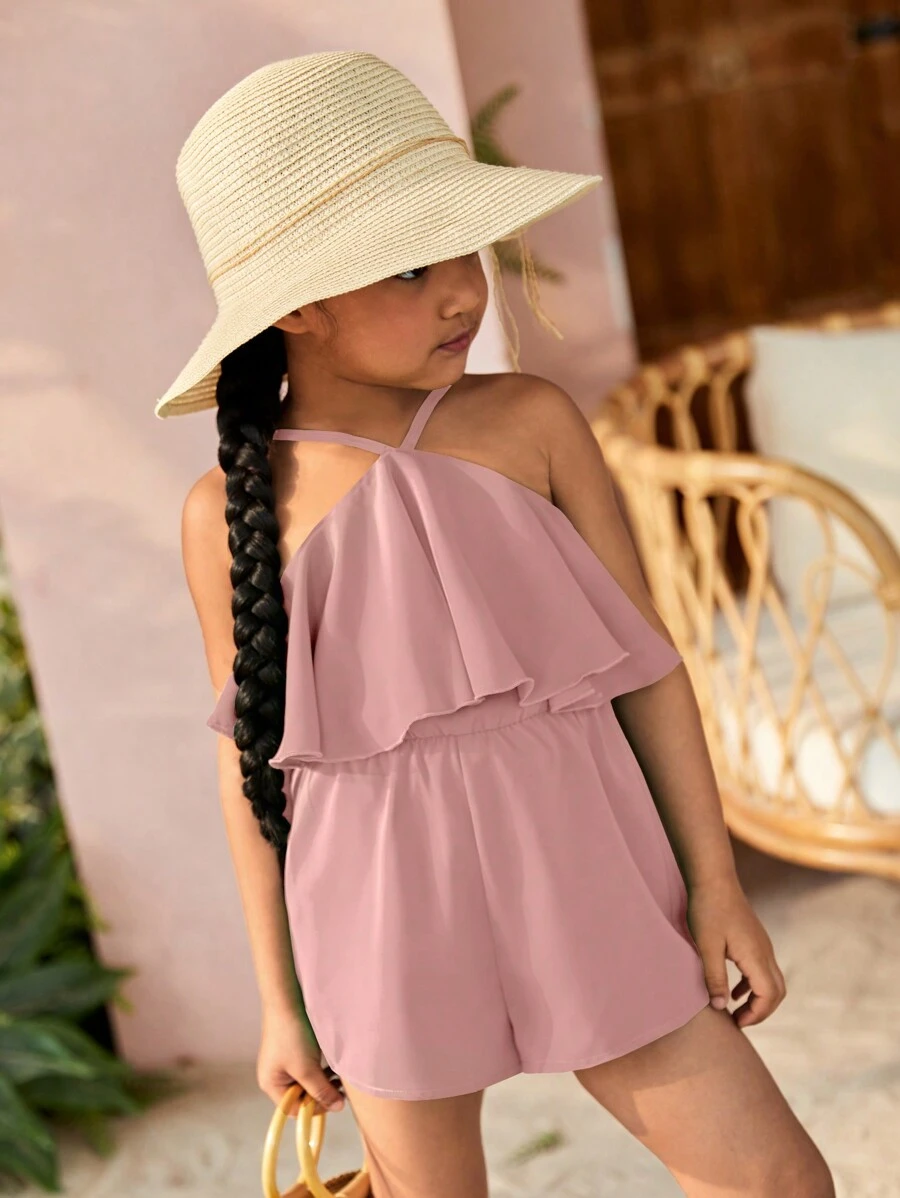 SHEIN Young Girl Casual Solid Color Halter Neck Romper - Pink - View 1