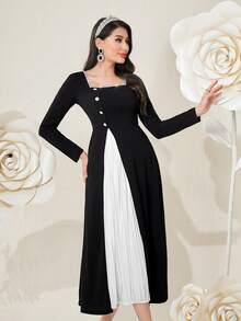 Modelyn Vestido De Mujer Con Aplique De Piedra De Diamante Del Cuello Cuadrado Y Pliegue De Bloque De Color - Blanco y Negro - Ver 6