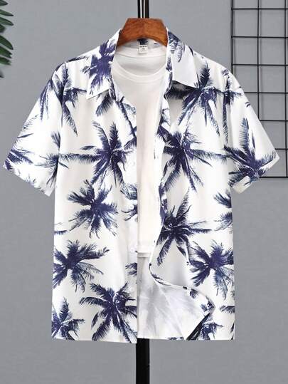Teen Boy Vacation Palm Tree Print Woven Collar Shirt, School, Campus, College