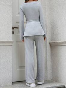 EURMUSE Ladies' Long Sleeve Belted Top And Trousers Two Piece Set - Grey - View 2