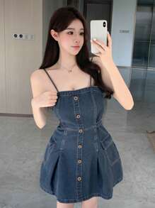 DAZY 女款正面紐帶牛仔吊帶連身裙 - 深色水洗藍 - 查看 2