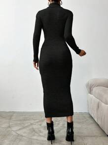 EURMUSE 女款高領長袖毛衣連身裙 - 黑色 - 查看 2