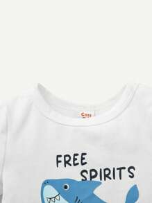 Baby Boy Snug Fit Pajama Set - Cartoon Shark Patterned Short Sleeve Round Neck Top And Casual Shorts 2pcs