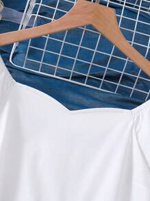 Teen Girls' Colorblock Shirred Detail Puff Sleeve Casual Asymmetrical Hem Dress - White - View 3