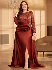 UNITHORSE Plus Size Glitter Silk Patchwork Floor-Length Formal Dress Elegant Long Sleeve Prom Evening Wedding Guest Gown, For Graduation, Dinner